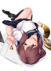 Rule 34 | 1girl, :o, awa yume, black socks, blue skirt, blush, breasts, brown eyes, brown hair, character request, commentary request, food, full body, hair ornament, highres, holding, holding food, kneehighs, long hair, lying, medium breasts, mouthpiece, necktie, on back, original, pleated skirt, sailor collar, school uniform, serafuku, sheet music, shirt, shoes, unworn shoes, sidelocks, skirt, socks, thighs, white shirt