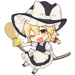 Rule 34 | 1girl, apron, arm up, artist name, back bow, bad id, bad twitter id, black dress, black footwear, black hat, blonde hair, blush, bow, braid, broom, broom riding, chibi, dress, flying, frills, full body, hair between eyes, hair bow, hand up, hat, hat bow, jill 07km, kirisame marisa, looking at viewer, one eye closed, open mouth, puffy short sleeves, puffy sleeves, red bow, shirt, shoes, short hair, short sleeves, simple background, single braid, sitting, smile, socks, solo, star (symbol), touhou, white apron, white background, white bow, white shirt, white socks, witch hat, yellow eyes