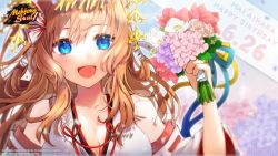 Rule 34 | 1girl, aihara mai, bare shoulders, blonde hair, blue eyes, bouquet, breasts, character name, commentary, copyright name, english commentary, flower, flower request, happy birthday, highres, holding, holding bouquet, japanese clothes, kotsuru kari, large breasts, logo, looking at viewer, mahjong, mahjong soul, miko, official art, official wallpaper, open mouth, pink flower, pink rose, purple flower, rose, smile, solo, tenbou, white flower