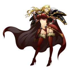 Rule 34 | 1girl, absurdres, armor, artist request, blonde hair, blue eyes, boots, bra, breasts, cape, earrings, full body, garter straps, hair between eyes, hand on own hip, high heel boots, high heels, highres, imelda (langrisser), jewelry, langrisser, langrisser ii, langrisser m, langrisser mobile, large breasts, legs, long hair, looking at viewer, nail polish, navel, necklace, official art, pauldrons, red nails, red thighhighs, shoulder armor, simple background, smile, solo, thigh boots, thighhighs, underwear, white background