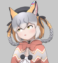 Rule 34 | 1girl, animal ears, brown hair, cape, dress, extra ears, fox ears, fox girl, grey background, grey hair, hat, hat feather, highres, island fox (kemono friends), kemono friends, kemono friends v project, long hair, rest in muni, ribbon, simple background, solo, sundress, tongue, virtual youtuber, yellow eyes