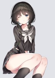 Rule 34 | 1girl, ass, black hair, black sailor collar, black serafuku, black shirt, black skirt, black socks, blue eyes, closed mouth, collarbone, crop top, frown, grey background, hair over shoulder, hair ribbon, highres, invisible chair, long hair, long sleeves, looking at viewer, low twintails, midriff, miniskirt, neckerchief, one eye closed, original, pleated skirt, ribbon, sailor collar, school uniform, serafuku, shirt, shirt overhang, simple background, sitting, skirt, socks, solo, thighs, twintails, twitter username, yaya (yayaa 00)