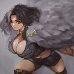 Rule 34 | 1girl, black hair, black shorts, breasts, cleavage, closed mouth, coat, earrings, fur coat, goddess of victory: nikke, gold choker, grey background, grey hair, highres, huge breasts, jewelry, large breasts, looking at viewer, luluz, multicolored hair, parted hair, red eyes, rosanna (nikke), shirt, shorts, smile, solo, split-color hair, striped clothes, striped shirt, vertical-striped clothes, vertical-striped shirt, white coat