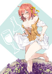 Rule 34 | 1girl, :d, ^ ^, alternate costume, barefoot, beamed eighth notes, bottle, bow, braid, breasts, cleavage, closed eyes, collarbone, commentary request, cup, dress, drinking glass, european clothes, closed eyes, fate/grand order, fate (series), fujimaru ritsuka (female), grape stomping, hair bow, hair ribbon, large breasts, musical note, one side up, open mouth, orange hair, quarter note, ribbon, shino-o, smile, twitter username, wine bottle, wine glass, yellow bow, yellow ribbon