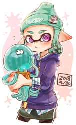 Rule 34 | 1girl, bad id, bad twitter id, beanie, bike shorts, black shorts, black skirt, closed mouth, collared shirt, commentary, cowboy shot, dated, drawstring, green hair, green hat, harutarou (orion 3boshi), hat, highres, holding, hood, hoodie, inkling, inkling girl, inkling player character, jellyfish (splatoon), light frown, logo, long sleeves, looking at viewer, medium hair, miniskirt, nintendo, notice lines, outline, paint splatter, pointy ears, purple eyes, purple shirt, shirt, shorts, shorts under skirt, single horizontal stripe, skirt, solo, splatoon (series), splatoon 2, standing, striped clothes, striped shirt, tentacle hair, white outline