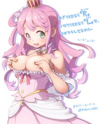 Rule 34 | 1girl, :d, bare shoulders, breasts, breasts out, candy hair ornament, covering privates, covering nipples, crescent, crown, deto, food-themed hair ornament, green eyes, hair ornament, hair rings, hands up, heterochromia, highres, himemori luna, himemori luna (1st costume), hololive, long hair, medium breasts, mini crown, open mouth, pink hair, purple eyes, silhouette, smile, solo, standing, translation request, virtual youtuber