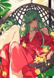 Rule 34 | 1girl, bare shoulders, black neckwear, breasts, breasts apart, c.c., choker, clothing cutout, code geass, commentary request, creayus, dappled sunlight, day, dress, evening gown, expressionless, flower, foreshortening, green hair, hair between eyes, head tilt, knees up, legs, long hair, long sleeves, looking at viewer, lying, medium breasts, on back, parted lips, petals, plant, shoulder cutout, sidelocks, sketch, solo, spaghetti strap, straight hair, sunlight, tsurime, very long hair, yellow eyes