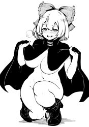 Rule 34 | 1girl, absurdres, blush, bottomless, bow, breasts, cloak, commentary request, full body, greyscale, groin, hair bow, heart, heart-shaped pupils, high heels, highres, himajin noizu, large breasts, looking at viewer, monochrome, naked cloak, navel, open mouth, sekibanki, short hair, simple background, solo, squatting, sweat, symbol-shaped pupils, touhou