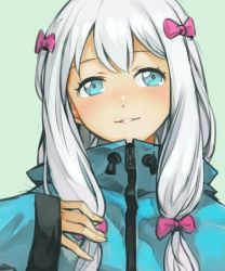 Rule 34 | 10s, 1girl, aqua eyes, blush, bow, eromanga sensei, hair bow, hand on own chest, hungry clicker, izumi sagiri, looking to the side, parted lips, pink bow, sidelocks, simple background, sleeves past wrists, smile, solo, white hair