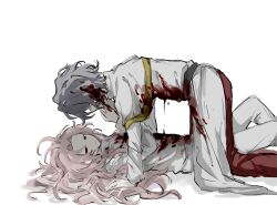 Rule 34 | 2boys, belt, black belt, blood, blood in hair, blood on clothes, blood on hands, capelet, chinese commentary, closed mouth, commentary request, gold trim, grey hair, hatsutori hajime, highres, jiekuijiangshadaonijiamenkou, long hair, long sleeves, male focus, multiple boys, no nose, pants, parted bangs, pink hair, red eyes, red pants, saibou shinkyoku, shirt, short hair, simple background, smile, utsugi noriyuki, white background, white capelet, white pants, white shirt