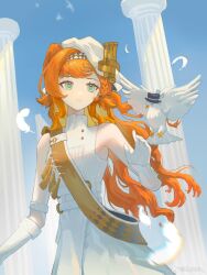 Rule 34 | 1girl, :o, bare shoulders, beret, bird, blue background, blue sky, boater hat, braided sidelock, checkered hairband, column, dove, dress, feathers, gloves, gradient background, green eyes, gyhhh, hand up, hat, highres, long hair, looking afar, orange hair, parted lips, pillar, reverse:1999, sash, shoulder sash, sky, sleeveless, sleeveless dress, solo, sonetto (parade anthem) (reverse:1999), sonetto (reverse:1999), tassel, tilted headwear, two side up, upper body, weibo logo, weibo watermark, white dress, white feathers, white gloves, white hat, yellow sash