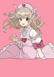 Rule 34 | 1girl, armband, bandaged arm, bandages, blush, brown hair, center frills, clothes lift, collared shirt, cropped legs, dress, dress lift, fang, floating hair, frills, hair ornament, hand up, hat, highres, long hair, looking at viewer, natori sana, nurse cap, pinafore dress, pink background, pink dress, rabbit hair ornament, red armband, red eyes, safety pin, sana channel, shirt, simple background, sleeveless, sleeveless dress, smile, solo, teshima nari, two side up, virtual youtuber, white shirt, wind, wind lift