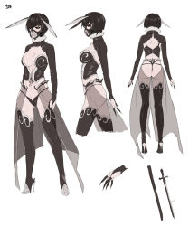 Rule 34 | 1girl, antennae, arizuka (catacombe), arthropod girl, ass, black hair, black sclera, boots, breasts, bustier, character sheet, claws, cleavage, colored sclera, head wings, high heel boots, high heels, highres, insect girl, large breasts, mask, moth girl, navel, original, pale skin, panties, personification, red eyes, short hair, sword, thigh boots, thighhighs, thong, underwear, weapon, wings