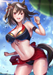 Rule 34 | 1girl, absurdres, alternate costume, animal ears, armpits, bikini, black hair, black thighhighs, breasts, cleavage, clenched hands, front-tie bikini top, front-tie top, highres, horse ears, horse girl, horse tail, kitasan black (umamusume), large breasts, looking at viewer, midriff, multicolored hair, navel, red eyes, reon (dainagon azuki), smile, solo, streaked hair, swimsuit, tail, thighhighs, umamusume