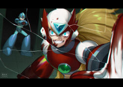 Rule 34 | 2boys, android, arm cannon, blonde hair, blood, blood on face, blood on hands, blue eyes, broken screen, buzzsaw (6631455), clenched teeth, commentary request, cyan eyes, evil smile, full body, green eyes, helmet, highres, long hair, male focus, mega man (series), mega man x (series), multiple boys, pov, smile, teeth, weapon, x (mega man), zero (mega man)