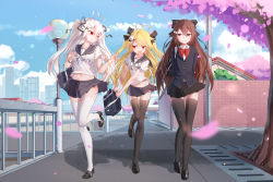 Rule 34 | 3girls, :o, absurdres, ahoge, arms behind back, bad id, bad pixiv id, bag, bangle, black footwear, black jacket, black legwear, black ribbon, black sailor collar, black skirt, blazer, blonde hair, blouse, blue sky, blurry, blurry foreground, blush, bow, bowtie, bracelet, breasts, brown eyes, brown hair, building, buttons, cherry blossoms, cityscape, closed mouth, cloud, cloudy sky, collarbone, collared shirt, commentary request, day, depth of field, duffel bag, groin, hair between eyes, hair ornament, hair ribbon, hairclip, heart, heart ahoge, highres, holding, holding bag, house, huge filesize, jacket, jewelry, lamppost, large breasts, leg up, light particles, loafers, long hair, looking at another, medium breasts, midriff, miniskirt, multiple girls, navel, niliu chahui, one eye closed, open mouth, original, outdoors, path, pleated skirt, qys3, red eyes, red neckwear, ribbon, road, sailor collar, school bag, school uniform, serafuku, shadow, shirt, shoes, short sleeves, siblings, sidelocks, signature, sisters, skirt, sky, skyline, smile, stomach, thighhighs, tokisaki asaba (niliu chahui), tokisaki mio (niliu chahui), tree, two side up, undershirt, v-shaped eyebrows, very long hair, walking, white hair, white legwear, white shirt, wing collar, wristband, x hair ornament, zettai ryouiki