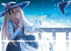Rule 34 | 1girl, animal, bird, blonde hair, blue dress, blue sky, blush, closed mouth, cloud, commentary request, day, dress, hair between eyes, hat, kavka, long hair, long sleeves, original, outdoors, profile, purple eyes, railing, sky, smile, solo, sun hat, very long hair, white dress, white hat, wide sleeves