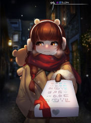 Rule 34 | 1girl, absurdres, arm behind back, blunt bangs, blurry, blurry background, blush, brown eyes, brown gloves, brown hair, closed mouth, coat, daeno, earmuffs, exorcist miya, fur-trimmed sleeves, fur trim, gift, gloves, guardian tales, heart, highres, holding, holding gift, incoming gift, lamppost, long hair, looking to the side, night, outdoors, red scarf, scarf, snowing, solo, stuffed animal, stuffed toy, teddy bear, twitter username, upper body, wavy mouth, winter, winter clothes