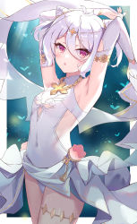 Rule 34 | 1girl, antenna hair, armpits, arms up, bare shoulders, bridal gauntlets, cleavage cutout, clothing cutout, cone hair bun, covered navel, cowboy shot, dress, flat chest, hair between eyes, hair bun, highres, jewelry, kokkoro (ceremonial) (princess connect!), kokkoro (princess connect!), looking at viewer, necklace, parted lips, pink eyes, princess connect!, revealing clothes, serika, short hair, sideless outfit, sleeveless, sleeveless dress, solo, standing, thighs, tiara, wedding dress, white dress, white hair