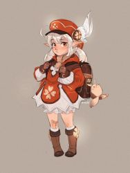Rule 34 | 1girl, ahoge, backpack, bag, blonde hair, boots, brown footwear, brown gloves, charm (object), child, closed mouth, clover, confused, dress, eyebrows, feather hair ornament, feathers, female focus, full body, genshin impact, gloves, grey background, hair between eyes, hair ornament, highres, klee (genshin impact), laia, long hair, long sleeves, looking at viewer, pale skin, pointy ears, raised eyebrow, red dress, red eyes, simple background, sleeves past elbows, socks, solo, standing, twintails