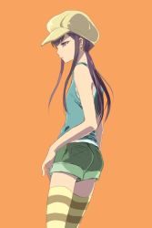 Rule 34 | 1boy, bare shoulders, earrings, hat, jewelry, koga norio, long hair, male focus, matching hair/eyes, narutaru, ponytail, purple eyes, purple hair, shorts, solo, striped clothes, striped thighhighs, tank top, thighhighs, toki (19890327), trap