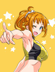 Rule 34 | 1girl, bikini, blue eyes, blush, breasts, brown hair, commentary request, gundam, gundam build fighters, gundam build fighters try, hoshino fumina, large breasts, long hair, looking at viewer, one eye closed, pointing, pointing at viewer, ponytail, shiny skin, solo, star (symbol), suzutsuki kurara, swimsuit, upper body, yellow background
