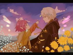 Rule 34 | 1boy, 1girl, antenna hair, bag, child, cloak, fae (fire emblem), field, fire emblem, fire emblem: the binding blade, fire emblem awakening, fire emblem heroes, flower, flower field, from side, green eyes, hair flower, hair ornament, layered sleeves, letterboxed, long sleeves, nintendo, outdoors, pink hair, pointy ears, red eyes, robin (fire emblem), robin (male) (fire emblem), satchel, short over long sleeves, short sleeves, sitting, white hair