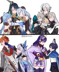 Rule 34 | arlecchino (genshin impact), blood, blood from mouth, blue hair, brother and sister, brothers, character request, closed eyes, cloud retainer (genshin impact), family, freminet (genshin impact), ganyu (genshin impact), genshin impact, grabbing another&#039;s hair, grey hair, group hug, happy, highres, hug, japanese clothes, kamiiart, lynette (genshin impact), lyney (genshin impact), mother and son, multiple boys, multiple girls, orange hair, punching, purple hair, raiden shogun, scaramouche (genshin impact), shenhe (genshin impact), siblings, skirk (genshin impact), smile, tartaglia (genshin impact), xianyun (genshin impact)
