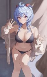 Rule 34 | 1girl, absurdres, ahoge, bare shoulders, bikini, black bikini, blue hair, breasts, cleavage, closed mouth, collarbone, ganyu (genshin impact), genshin impact, goat horns, hands up, highres, horns, large breasts, long hair, navel, off shoulder, open hands, purple eyes, sidelocks, sitting, smile, solo, starblue, stomach, sweater, swimsuit, thigh gap, thighs
