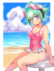 Rule 34 | 1girl, azure striker gunvolt, beach, blue eyes, blue sky, blurry, blurry background, breasts, cleavage, closed mouth, cloud, cloudy sky, commentary, cougar (cougar1404), covered navel, day, depth of field, frilled one-piece swimsuit, frills, green hair, head tilt, headgear, horizon, looking at viewer, medium breasts, ocean, one-piece swimsuit, outdoors, pink headwear, pink one-piece swimsuit, roro (gunvolt), short hair, sitting, sky, smile, solo, swimsuit, water
