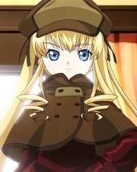 Rule 34 | 00s, 1girl, blonde hair, blue eyes, braid, capelet, curtains, detective, hat, indoors, long hair, long sleeves, looking at viewer, red shirt, rozen maiden, screencap, serious, sherlock holmes, shinku, shirt, solo, twin braids, twintails, upper body, window