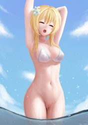 Rule 34 | 1girl, absurdres, armpits, arms up, bikini, bikini top only, blonde hair, blue sky, bottomless, breasts, censored, cleft of venus, closed eyes, collarbone, covered erect nipples, flower, genshin impact, hair flower, hair ornament, highres, lumine (genshin impact), medium breasts, mosaic censoring, navel, open mouth, partially submerged, pee, peeing, pussy, short hair with long locks, sky, solo, stretching, string bikini, swimsuit, thighs, wading, wet, white bikini, white flower, z282g