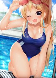 Rule 34 | 1girl, ;d, blonde hair, blue sky, blue one-piece swimsuit, blush, breasts, cloud, competition swimsuit, day, goggles, goggles on head, hair ornament, highres, kin-iro mosaic, kneeling, kujou karen, long hair, medium breasts, minato ojitan, one-piece swimsuit, one eye closed, open mouth, outdoors, pool, purple eyes, sky, smile, solo, swimsuit, water, wet, x hair ornament