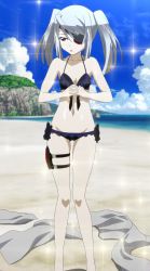 Rule 34 | 10s, 1girl, beach, bikini, blush, cloud, day, eyepatch, own hands clasped, highres, infinite stratos, laura bodewig, long legs, non-web source, ocean, outdoors, own hands together, screencap, silver hair, sky, solo, sparkle, standing, stitched, swimsuit, thigh strap, third-party edit, twintails
