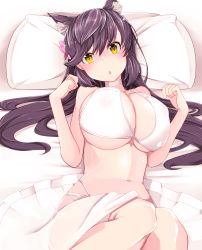 Rule 34 | 1girl, absurdres, animal ears, atago (azur lane), azur lane, bed, bikini, blush, breasts, brown hair, cleavage, curvy, female focus, fox ears, hair ornament, heart, heart-shaped pupils, highres, indoors, large breasts, long hair, looking at viewer, lying, mole, navel, nipples, on back, pon (shind 997), see-through, skirt, solo, swimsuit, symbol-shaped pupils, white bikini, yellow eyes