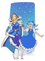 Rule 34 | 2girls, :d, absurdres, barefoot, blonde hair, blue cape, blue dress, blue eyes, blue hair, blue thighhighs, boots, breasts, cape, cirno, cleavage, crossover, crystal, crystal maiden, dota (series), dota 2, dress, full body, hair between eyes, hair ribbon, hand on another&#039;s arm, highres, ice, ice wings, long hair, looking at another, multiple girls, open mouth, power connection, ribbon, running, short hair, short sleeves, smile, snow, snowing, standing, standing on one leg, teeth, thek40, thighhighs, toes, touhou, transparent background, white footwear, wings