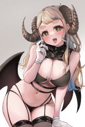 Rule 34 | 1girl, absurdres, bikini, black bikini, black thighhighs, black wings, blonde hair, blush, breasts, cleavage, commentary request, curled horns, eyelashes, fishnet thighhighs, fishnets, garter straps, gloves, gradient background, green eyes, hand in own hair, hand up, heart, highres, horns, large breasts, long hair, looking at viewer, machita chima, mori (pepekataokapepe), navel, nijisanji, open mouth, simple background, solo, stomach, swimsuit, teeth, thick eyebrows, thighhighs, tongue, tongue out, upper teeth only, virtual youtuber, white gloves, wings