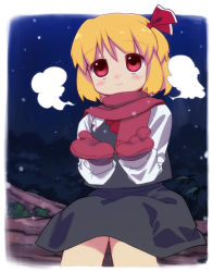 Rule 34 | 1girl, bad id, bad pixiv id, blonde hair, embodiment of scarlet devil, female focus, gloves, mittens, nature, outdoors, red eyes, rumia, scarf, snow, solo, tonbi, touhou