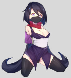 Rule 34 | 10s, 1girl, absurdly long hair, ayame (gundam build divers), bare shoulders, bdsm, black hair, black panties, black thighhighs, bondage, bound, bound arms, breasts, cleavage, covered mouth, elbow gloves, full body, gloves, gundam, gundam build divers, hair between eyes, half mask, highres, japanese clothes, kneeling, large breasts, long hair, looking at viewer, low ponytail, mask, medium breasts, mouth mask, ninja, ninja mask, panties, ponytail, purple eyes, purple gloves, red scarf, sash, scarf, solo, sweatdrop, thighhighs, thighs, underwear, very long hair, wan ban