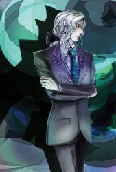 Rule 34 | 10s, 1boy, bad id, bad pixiv id, colored skin, crescent moon, formal, green eyes, grey hair, grey skin, highres, long hair, luneru22, male focus, moon, necktie, pale skin, pointy ears, solo, suit, tiger &amp; bunny, yuri petrov