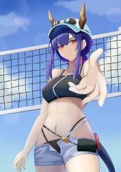Rule 34 | 1girl, absurdres, arknights, bare shoulders, baseball cap, belt pouch, bikini, black bikini, blue hair, blush, ch&#039;en (arknights), ch'en (arknights), closed mouth, collarbone, commentary, dragon girl, dragon horns, dragon tail, english commentary, female tourist c (arknights), hat, highleg, highleg bikini, highres, horns, horns through headwear, long hair, micro shorts, navel, official alternate costume, pouch, reaching, reaching towards viewer, red eyes, shorts, solo, standing, stomach, sunglasses, swimsuit, tail, white hat, white shorts, yuu azma