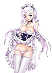 Rule 34 | apron, arm guards, azur lane, belfast (azur lane), blush, braid, breasts, broken, broken chain, chain, chain necklace, cleavage, clothes lift, collar, collarbone, corset, dress, elbow gloves, french braid, frilled dress, frills, gloves, groin, highres, large breasts, long hair, looking at viewer, maid, maid apron, maid headdress, necklace, panties, purple eyes, silver hair, skirt, skirt lift, sleeveless, sleeveless dress, solo, thighhighs, thighs, underwear, waist apron, white apron, white background, white gloves, white panties, white thighhighs, zha shi