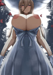 Rule 34 | 1girl, 2channel, absurdres, aponia (honkai impact), arms at sides, artist name, blurry, blurry background, blush, breasts, breasts out, brown hair, bug, butterfly, cleavage, closed mouth, commentary request, cosplay, dress, eyelashes, from below, gloves, grey eyes, hair between eyes, hasshaku-sama, hasshaku-sama (cosplay), hat, highres, honkai (series), honkai impact 3rd, insect, large breasts, light particles, long bangs, long hair, looking at viewer, mixed-language commentary, nipples, outdoors, red butterfly, ribbon, sidelocks, skindentation, sleeveless, sleeveless dress, smile, solo, standing, sun hat, sundress, tomodachi (tomofanart), tree, white dress, white gloves, white hat, white ribbon