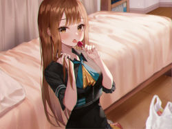 Rule 34 | 1girl, bag, bed, belt, black shirt, black vest, blush, bookshelf, brown eyes, brown hair, candy, covered navel, crop top, curtains, food, futon, haneiro, highres, holding, holding food, huge filesize, idol, indoors, lollipop, long hair, looking at viewer, nail polish, official art, original, pillow, pink nails, shirt, sidelocks, solo, stomach, vest