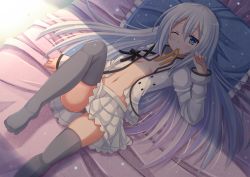 Rule 34 | 10s, 1girl, blue eyes, blush, breasts, kazenokaze, long hair, lying, mouth hold, navel, on back, one eye closed, open clothes, open shirt, seirei tsukai no blade dance, shirt, small breasts, solo, terminus est, thighhighs, white hair