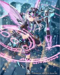 Rule 34 | 1girl, armor, armored boots, boots, cardfight!! vanguard, company name, dark saga painter, facial mark, gloves, hat, long hair, magic circle, midriff, navel, pink eyes, pointy ears, polearm, solo, spear, tadokoro teppei, teeth, weapon, white hair, wings