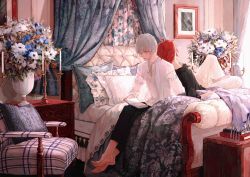 Rule 34 | 2boys, barefoot, bed, bed sheet, book, candle, candlestand, denn (naluse flow), flower, highres, male focus, multiple boys, on bed, original, pillow, reading, red hair, short hair, sitting, vase, white eyes, white hair