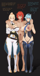 Rule 34 | 1boy, 2girls, absurdres, arm around shoulder, bare shoulders, barefoot, between breasts, black background, black gloves, black headband, blonde hair, blue eyes, blue hair, blue legwear, blue nails, blue neckwear, grabbing another&#039;s breast, breasts, breasts out, censored, clothing cutout, detached collar, detached sleeves, diluc (genshin impact), english text, engrish text, erection, eula (genshin impact), full body, genshin impact, gloves, grabbing, grin, hairband, headband, high heels, high ponytail, highleg, highleg leotard, highres, holding own arm, imminent penetration, jean (genshin impact), large breasts, large penis, leotard, looking at viewer, medium hair, mosaic censoring, multiple girls, nail polish, navel, navel cutout, necktie, necktie between breasts, nipples, nude, orange eyes, orange hair, pants, penis, ponytail, pussy cutout, pussy juice, ranguage, sidelocks, smile, speech bubble, standing, testicles, thighhighs, thighs, tight clothes, tight pants, tm yue, white pants