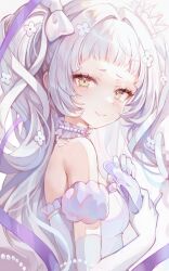 Rule 34 | 1girl, absurdres, arched bangs, bare shoulders, blunt bangs, blush, breasts, closed mouth, flower, grey hair, hair flower, hair ornament, highres, hololive, long hair, looking at viewer, misyune, murasaki shion, small breasts, smile, solo, tears, upper body, virtual youtuber, yellow eyes