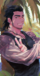 Rule 34 | 1boy, absurdres, bara, bare shoulders, beard, biceps, black hair, black tank top, cross, cross necklace, crossed arms, facial hair, feet out of frame, final fantasy, final fantasy xv, gladiolus amicitia, highres, jewelry, koro mma, male focus, mullet, muscular, muscular male, necklace, scar, scar across eye, scar on face, smile, solo, tank top, tattoo, tattoo sleeve, thick eyebrows, tree, tree shade, upper body, v